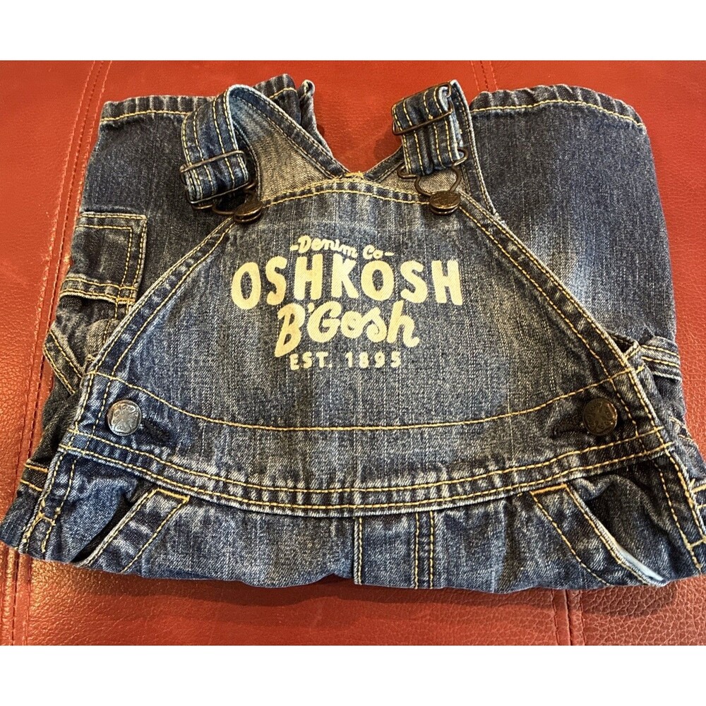 OshKosh B'gosh Baby Denim Bib Overalls Jean Snaps Size 6M Classic Logo